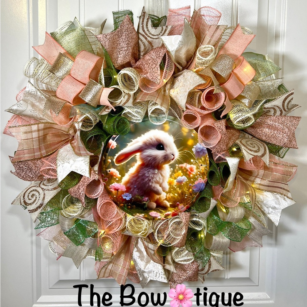 Handmade Floral Bunny Spring Prelit Ribbon Wreath 22 in LED W4